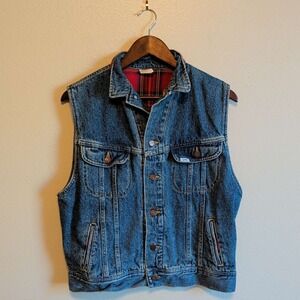 VTG Lee Denim Vest Mens XL Blue Plaid Flannel Lined Sleeveless Trucker Jacket